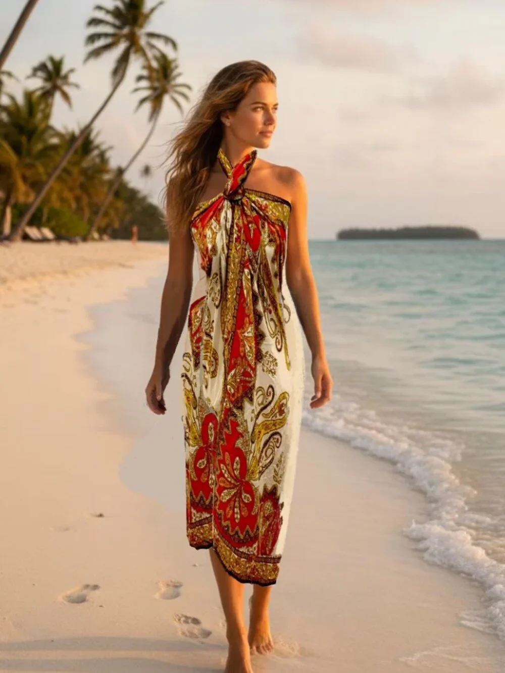 TALBOTS Paisley Pareo 3-Pc Set Swim Cover-up, Fan & Cosmetic Bag Fuschia/White